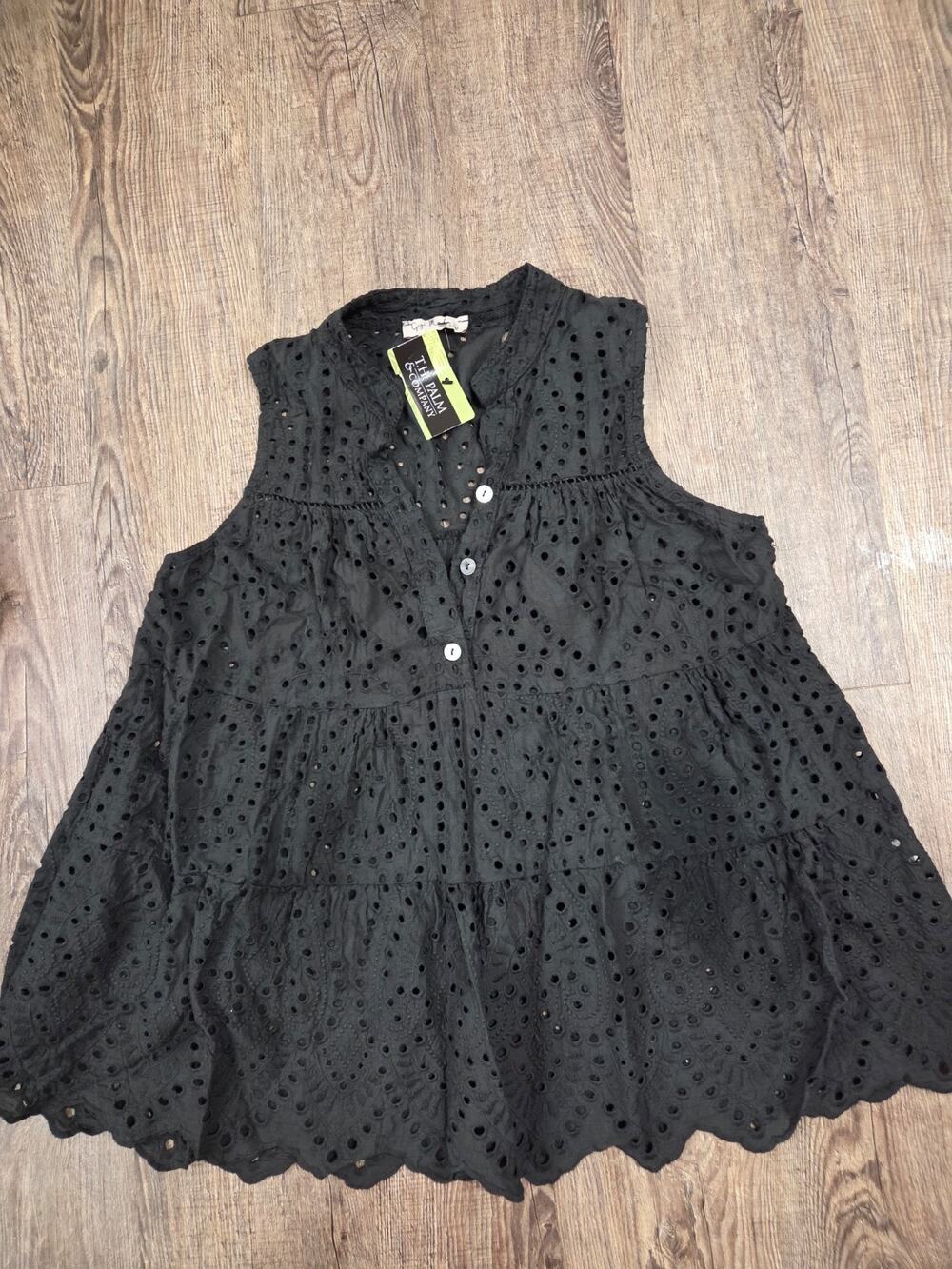 Gigi Moda NWT Made in Italy Eyelet Baby Doll Tank Top Blouse Solid Black Medium